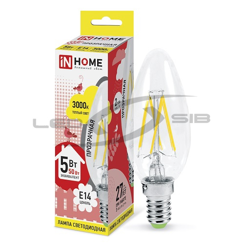 Лампа сд LED-СВЕЧА-deco 5W 230V Е14 450Lm прозрачная IN HOME