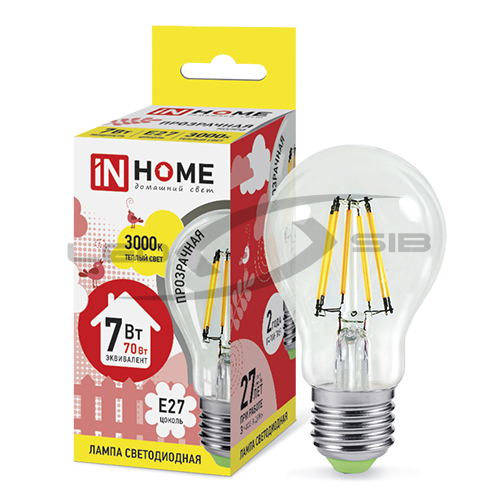 Лампа сд LED-A60-deco 7W 230V Е27 630Lm прозрачная IN HOME