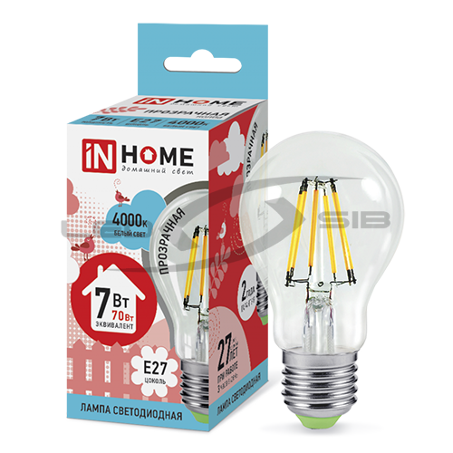 лампа сд led-a60-deco 7w 230v е27 630lm прозрачная in home Лампа сд LED-A60-deco 7W 230V Е27 630Lm прозрачная IN HOME