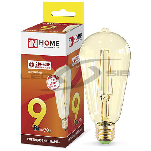 Лампа сд LED-ST64-deco 9W 230V Е27 3000К 810Lm золотистая IN HOME